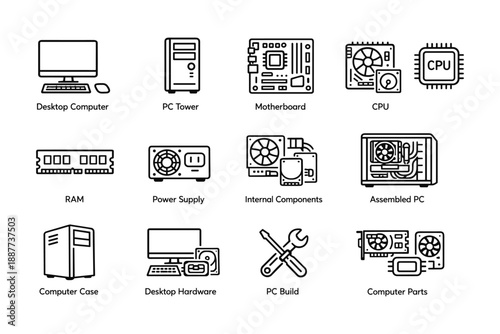 Computer hardware icons: desktop, motherboard, cpu, ram, power supply, components