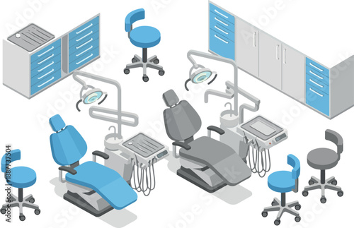 Isometric Dental Clinic Illustration Treatment Rooms and Equipment