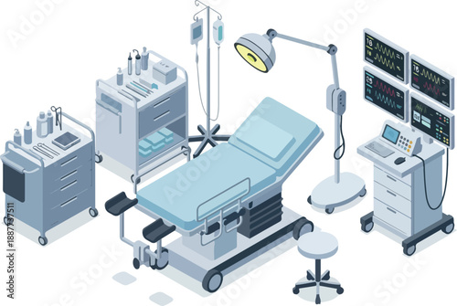 Isometric view of modern and sterile operating room setup