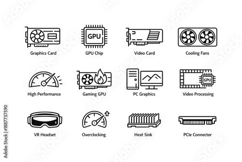 Gpu icons: graphics cards, cooling systems, vr headsets, overclocking symbols