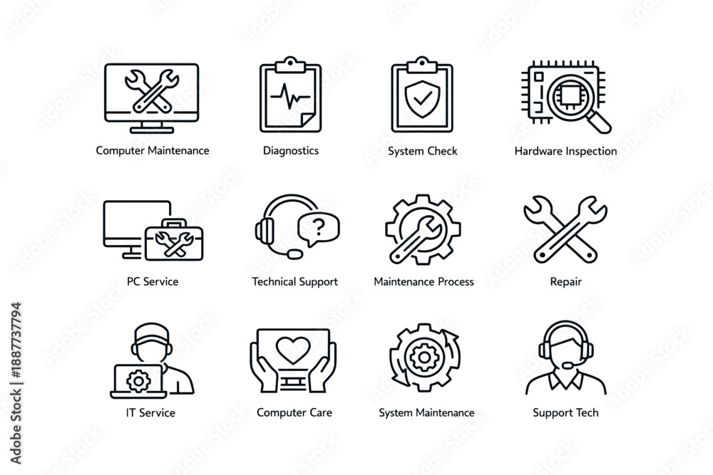 Fototapeta premium Computer and it maintenance icons: diagnostics, support, repair tools