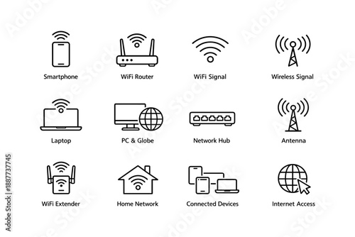 Set of network icon illustrations featuring devices and communication symbols