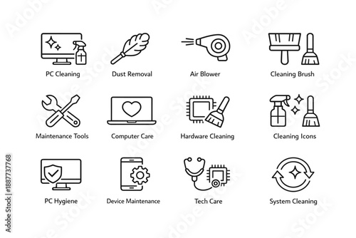 Computer cleaning and maintenance icons: tools for pc care and hygiene