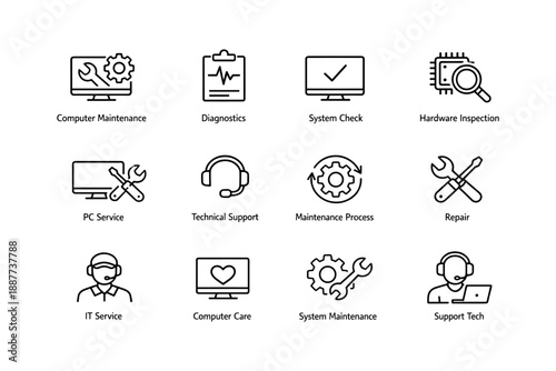 Technical support icons: computer maintenance, diagnostics, system check, hardware inspection