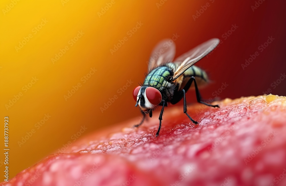 Fototapeta premium Macro view of a housefly with vibrant red eyes resting on a piece of ripe fruit. Insect detailed wings and body show intricate textures against a blurred warm background.