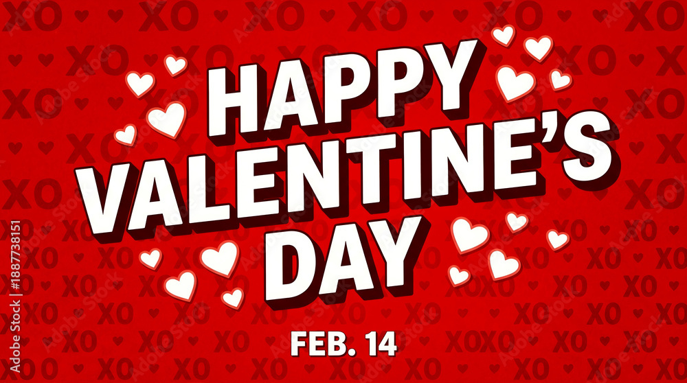 Fototapeta premium Happy Valentines Day Bold Text on Red XO Pattern Background with White Hearts for Greeting Card