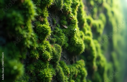Close-up view of a textured wall covered in lush green moss. Detailed organic surface shows natural growth and vibrant flora, ideal for backgrounds.
