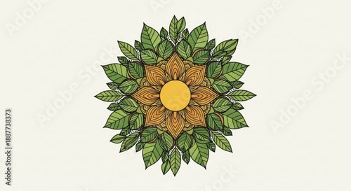 Vibrant yellow and green floral mandala design with leaves on cream background symbolizing nature and harmony