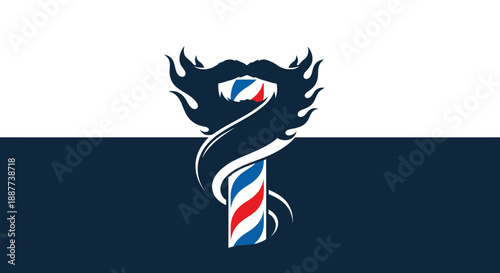 Stylized Flaming Beard with Barber Pole Emblem on Two-Tone Background.