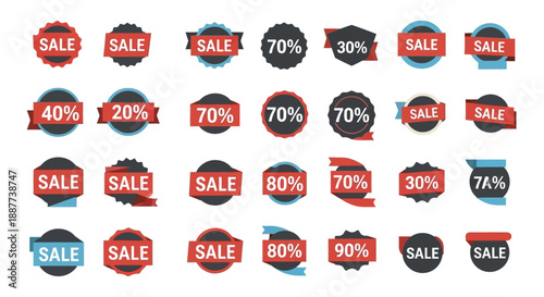 Diverse Collection of Promotional Sale and Discount Badges for Marketing Campaigns and Retail Offers