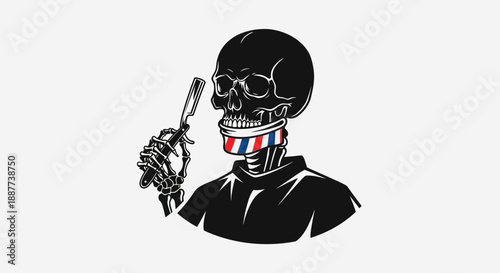 Skull Character Wearing Shirt with Barber Pole Stripes Holding Straight Razor, in bright studio.