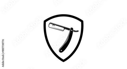 Classic Straight Razor Inside Shield Emblem, isolated white background.