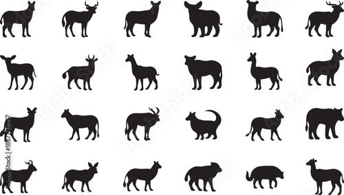 A diverse collection of black silhouette icons featuring various hoofed mammals and farm animals