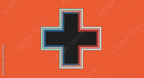 Black Plus Sign with Glitch Effect on Orange Background.