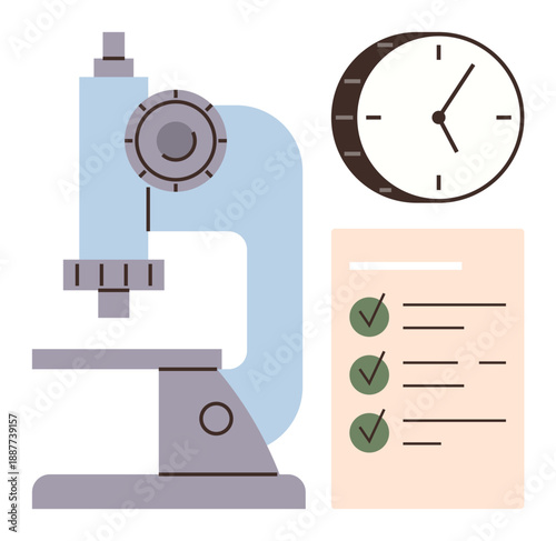 Biotechnology, scientific study, time tracking, quality control, laboratory procedures, research planning. Microscope, clock and a checklist with checkmarks. Scientific study and time tracking