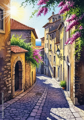 Charming watercolor painting of a sun-drenched cobblestone street in an old European town with vibrant bougainvillea cascading down buildings