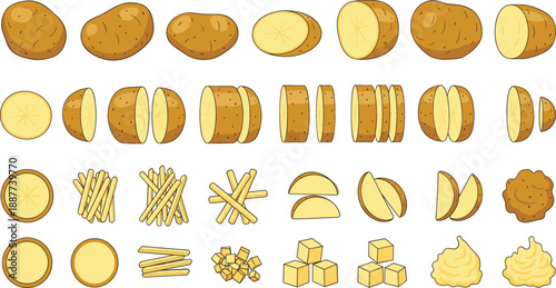 Fresh Raw Potato Vector Set Featuring Whole Organic Potatoes With Slices French Fries Wedges Cubes and Mashed Potato Elements for Food Industry and Cooking Design