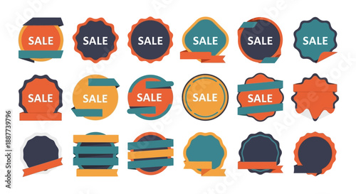 Collection of various flat design sale badges, discount labels, and promotional graphic elements for marketing campaigns