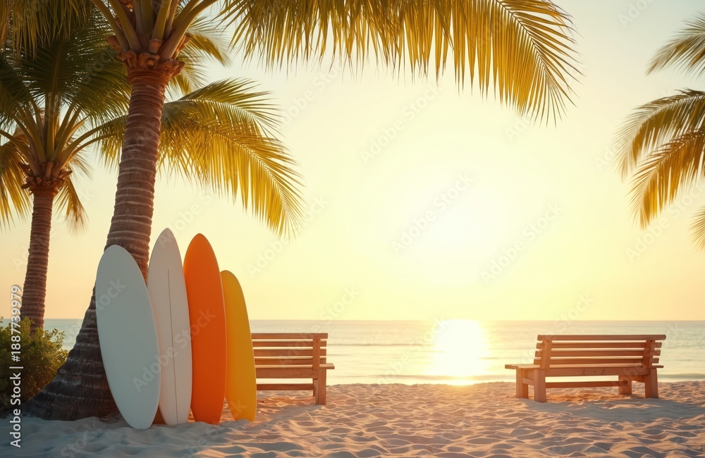 Naklejka premium Four surfboards lean against palm trees on sandy beach. Wooden benches face calm ocean at sunset. Tropical paradise scene awaits vacationers ready for surf.