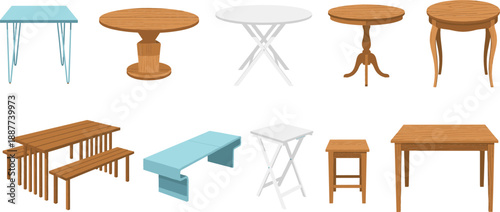 Modern and Classic Wooden Table Vector Collection Featuring Round Pedestal Tables, Rectangular Picnic Benches, Minimalist Desks, and Folding Furniture for Interior Design Illustration.