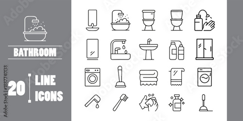 Bathroom Line Icons Set – Toilet Sink Shower Bathtub Hygiene Symbols Vector