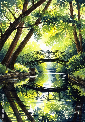 Enchanting watercolor painting of a serene park bridge reflected in the calm water, surrounded by lush green trees and dappled sunlight