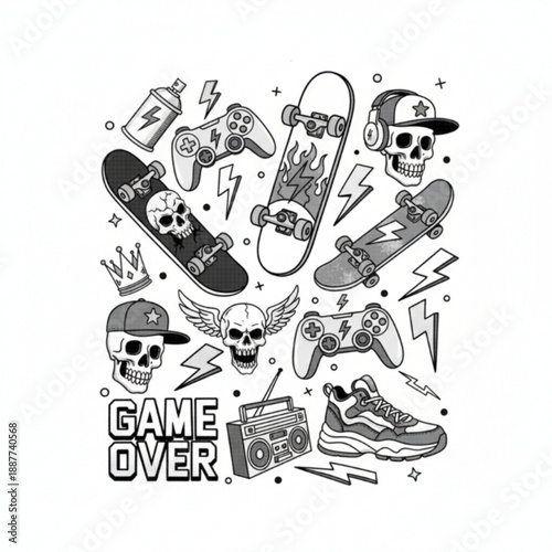 Retro Gaming and Skate Culture Black White Collage
