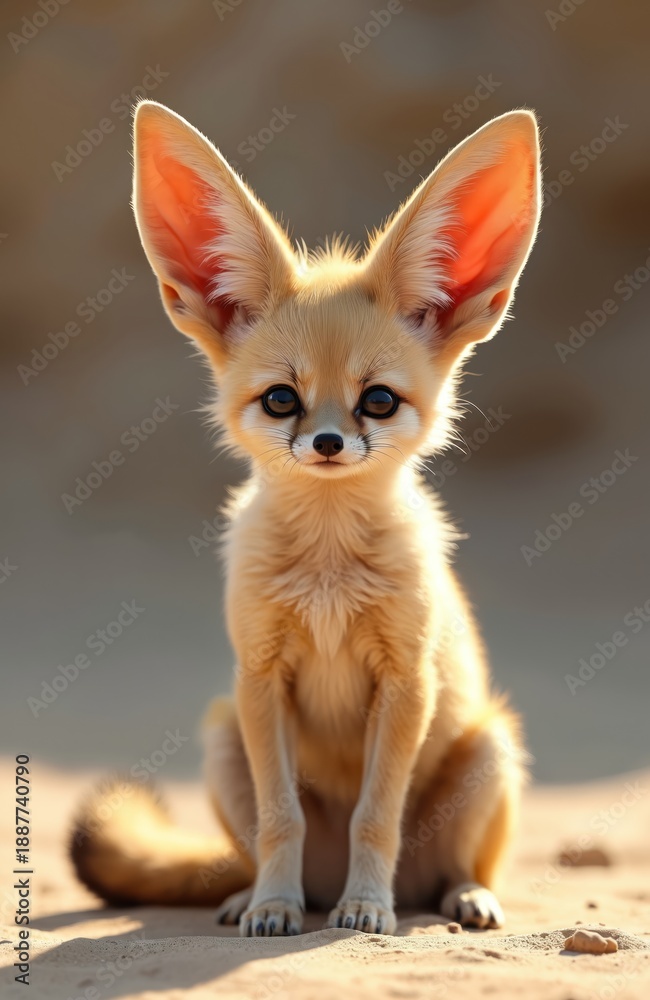 Fototapeta premium Small fennec fox sits on dry desert sand, looking forward with large ears. This cute baby animal, wild canine, lives in arid regions. Natural wildlife portrait outdoors.