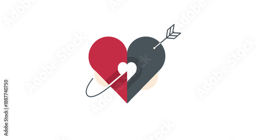A stylized graphic illustration of two hearts, one red and one dark grey, merged together with a white heart cutout, pierced by an arrow, symbolizing love and connection.