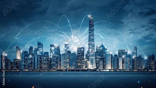 Futuristic Cityscape with Digital Lines, Representing Data Network and Technological Advancements