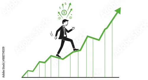 Business man climbing up a green financial graph symbolizing growth and success.