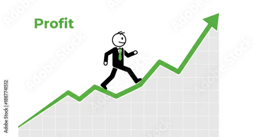 Business man climbing up green profit graph showing growth and success.