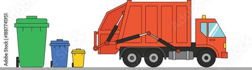 Garbage truck illustration collecting trash bins on street for waste management recycling sanitation and city services
