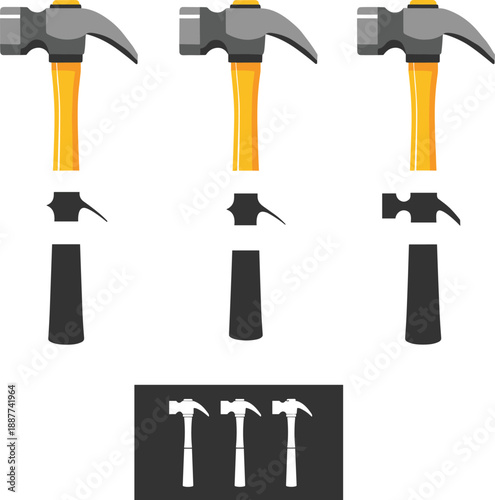 Hammer tool icon set showing claw hammer variations for construction carpentry repair and workshop designs