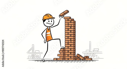 Stick figure construction worker building a brick wall with a helmet and safety vest.
