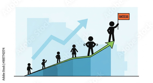 Business growth success reaching goal with team climbing upward graph.