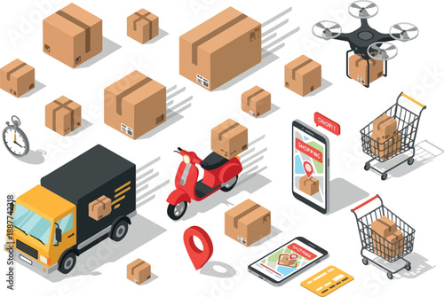 Delivery Service Fast Shipping with Truck, Scooter, Drone, and Mobile Tracking
