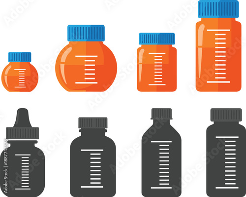 Medicine bottle illustration set with dosage markings in orange and black styles for pharmacy healthcare packaging designs