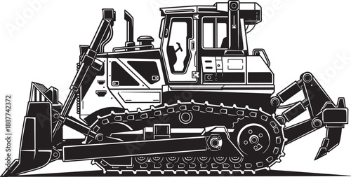 Black and white bulldozer silhouette isolated on white background representing heavy construction machinery, industrial earthmoving equipment, civil engineering projects, and land 