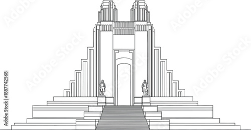 Architectural monument line art vector illustration featuring a grand stone structure with stairs and statues in monochrome.