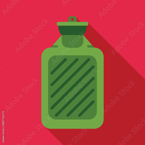 Green hot water bottle illustration warming and comforting against a red background