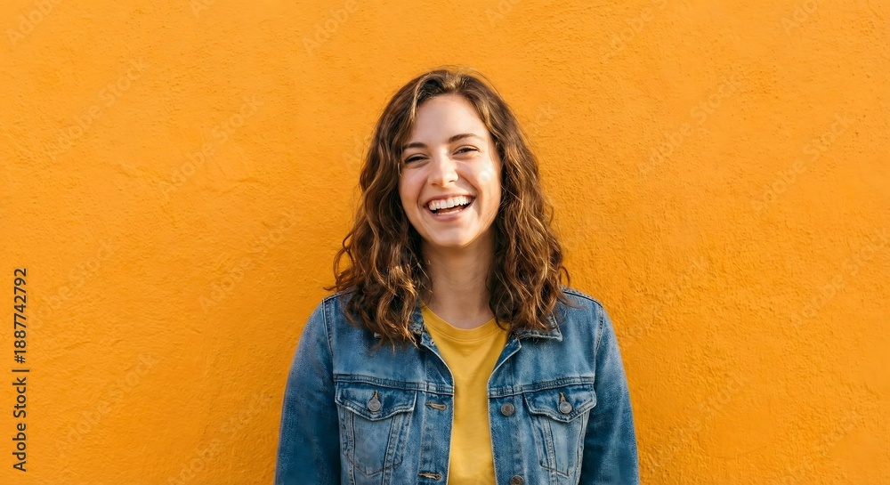 Obraz premium Portrait of happy young woman on yellow background