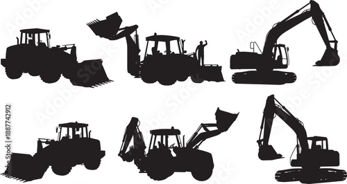 Black and white silhouette of a large hydraulic excavator loading soil into a heavy dump truck for construction site excavation and industrial earthmoving projects.