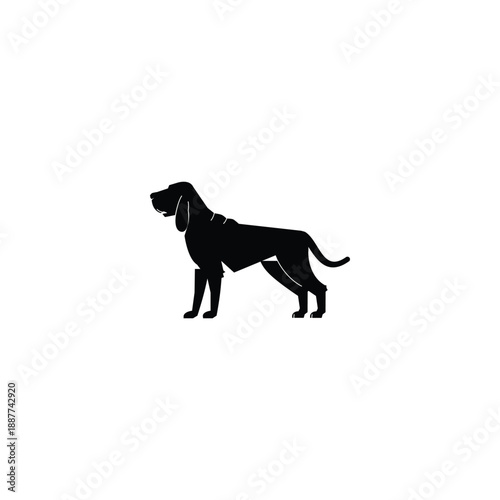 Black Bloodhound silhouette rendered in a clean minimalist vector style, isolated on a white background. Simple graphic shape suitable for logos, icons, branding, prints, and design templates.