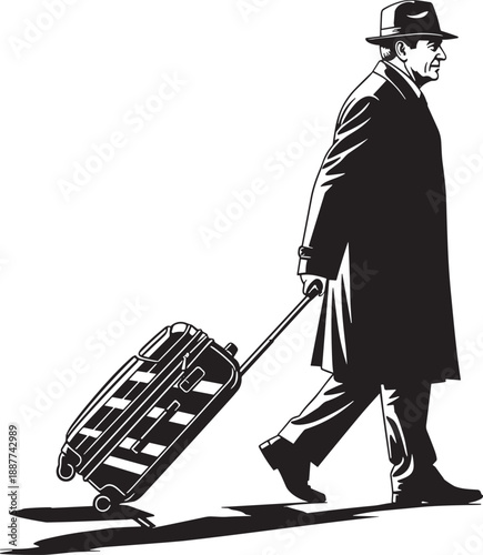 Black and white silhouette of a professional businessman wearing a hat and coat walking while pulling a travel suitcase for business trip and tourism.