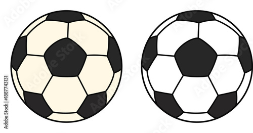 Soccer ball vector illustration set. Classic black and white football icon isolated. Sports equipment symbol for logo or game design. Simple flat cartoon style soccer balls.