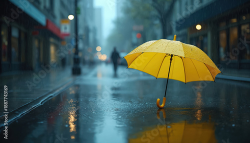 Wallpaper Mural Bright yellow umbrella stands on wet city street during heavy rain. Water droplets on fabric reflect blurred building lights. Isolated object offers shelter against adverse weather conditions on wet Torontodigital.ca