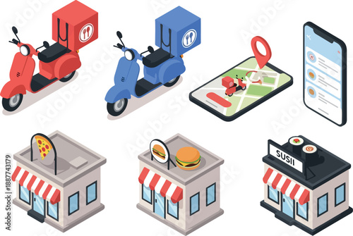 Isometric Food Delivery Icons with Restaurant Buildings and Scooters