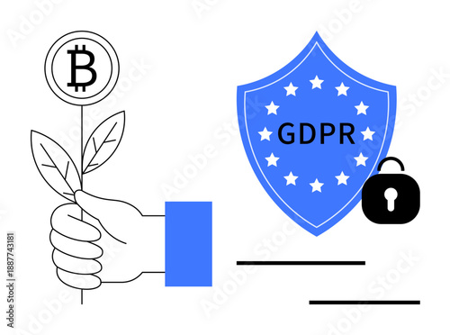 Hand nurturing Bitcoin plant beside GDPR shield with stars and padlock. Ideal for data privacy, compliance, investment, blockchain, cybersecurity, fintech, and digital ethics. Simple flat metaphor
