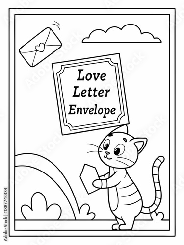 A cute cartoon cat holds an envelope while a love letter flies nearby, perfect for coloring